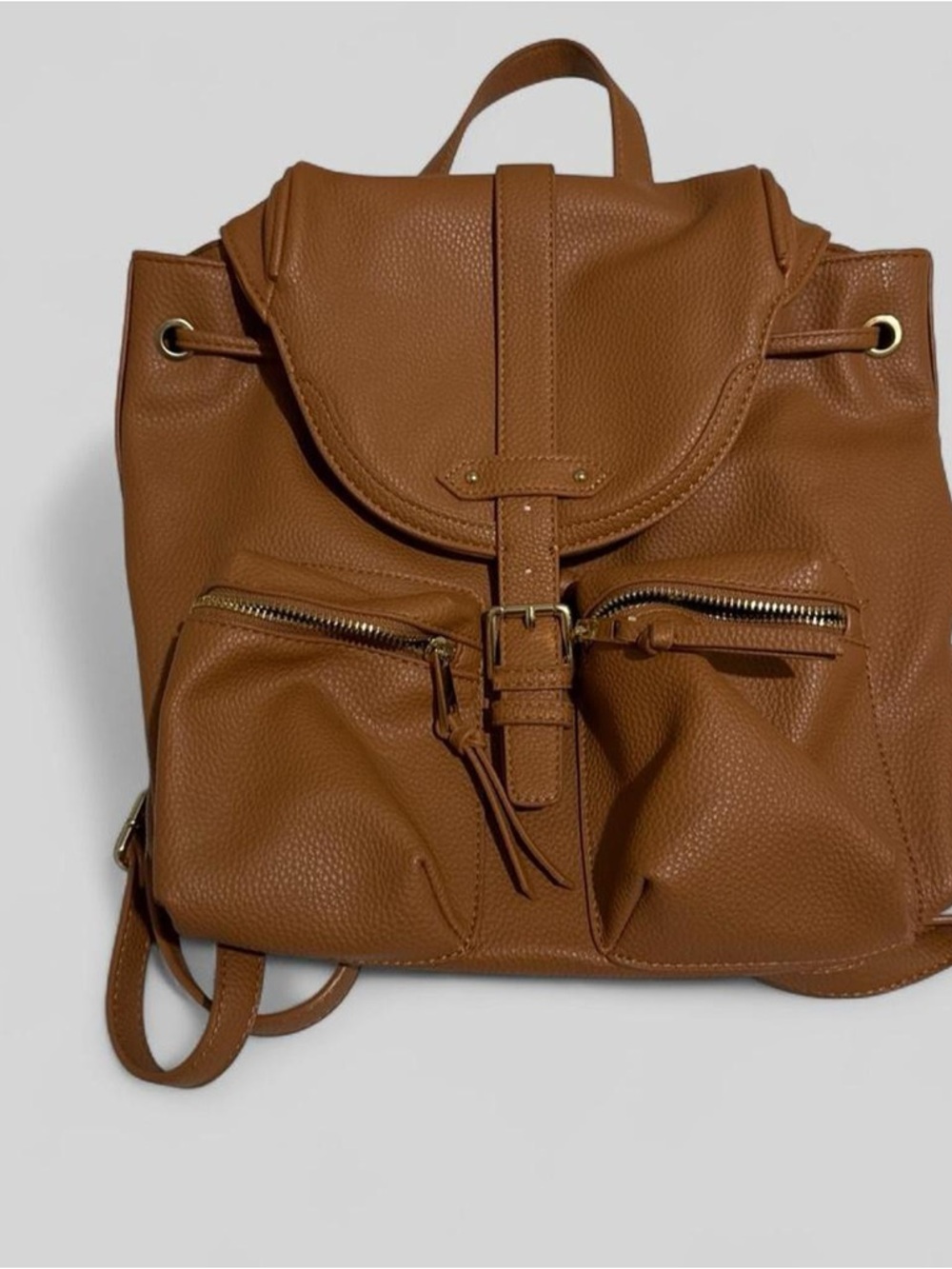JustFab Cognac Pebbled Drawstring Backpack with Front Zip Pockets
